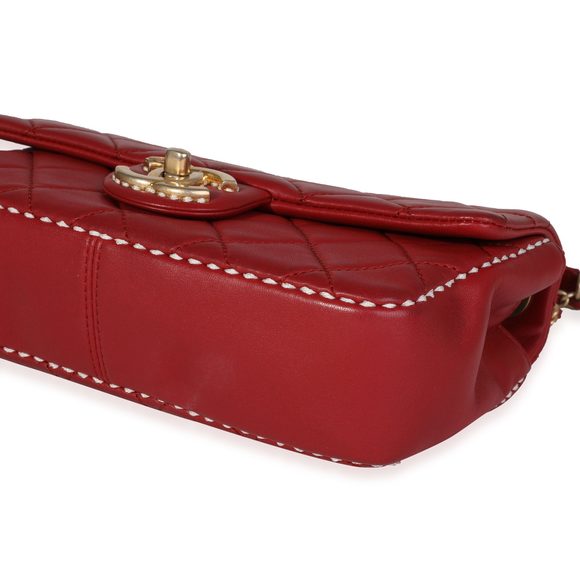 Chanel Red Quilted Lambskin Small Stitched Single Flap Bag - Picture 7 of 8